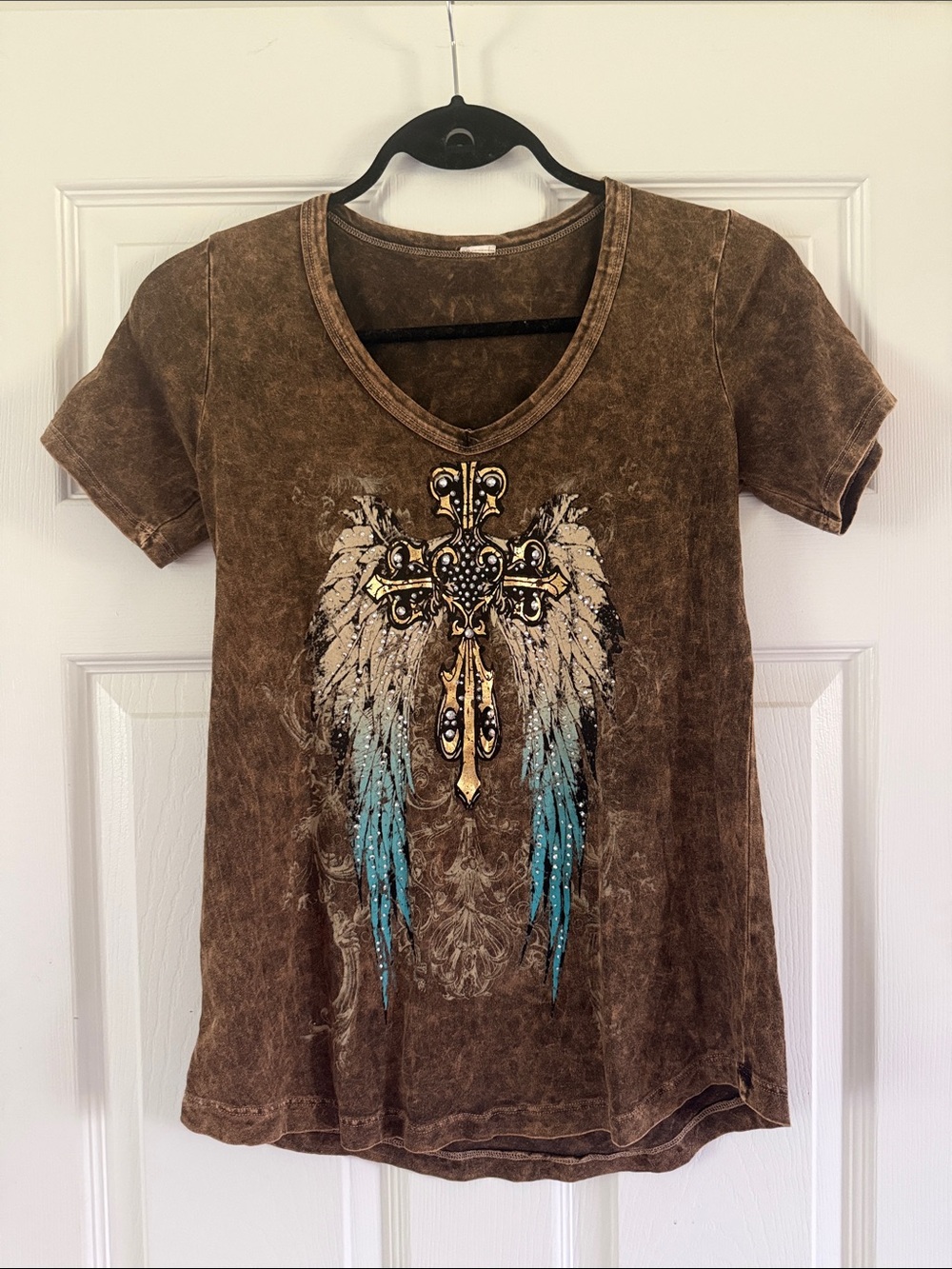 Brown V-Neck Graphic Tee with Cross & Feather Wings